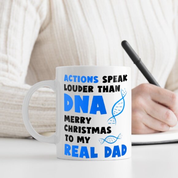 Unique Christmas Mug for Dad Actions Speak Louder Than DNA White Ceramic 11oz - Picture 2 of 4